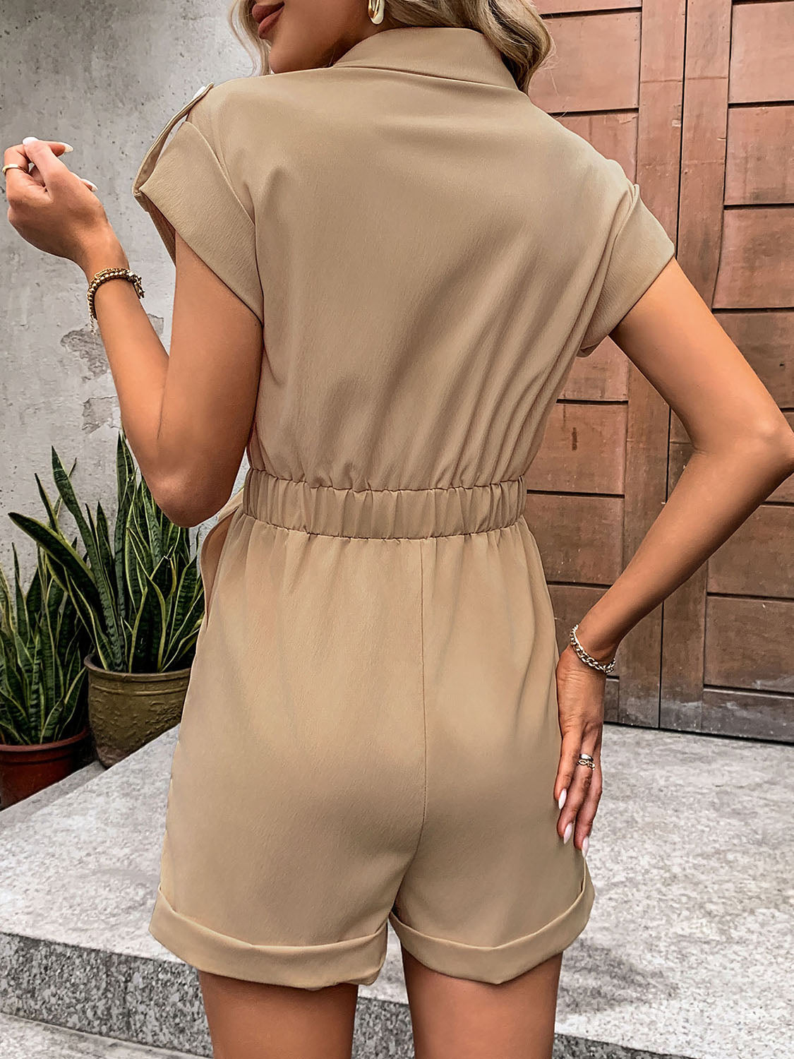 Collared Neck Tie Waist Romper with Pockets Trandify deal