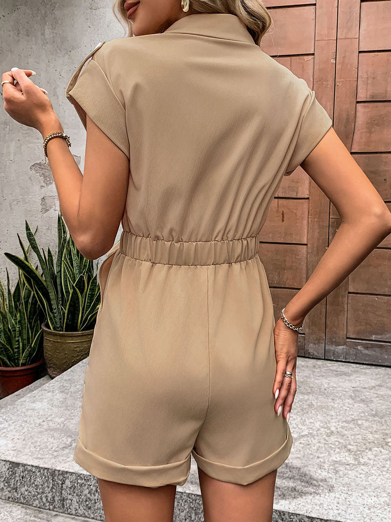 Collared Neck Tie Waist Romper with Pockets Trandify deal