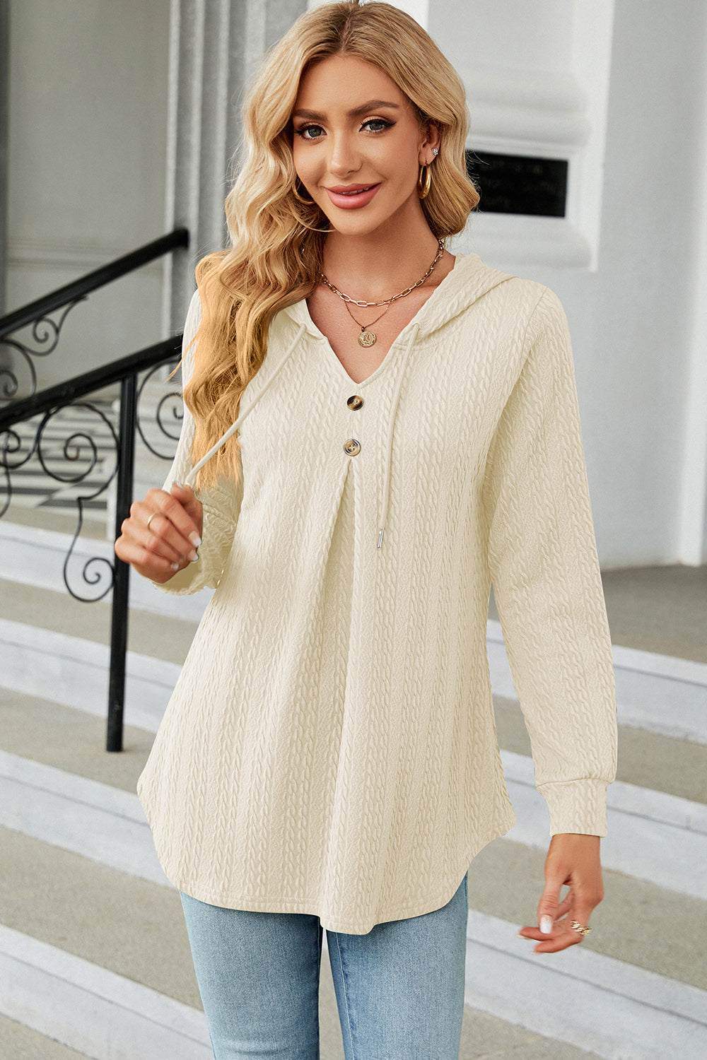 Decorative Button Drawstring Long Sleeve Hoodie Trendsi