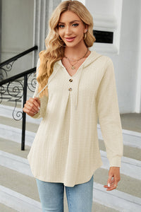 Decorative Button Drawstring Long Sleeve Hoodie Trendsi