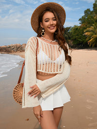 Openwork Boat Neck Long Sleeve Cover-Up Trandify deal