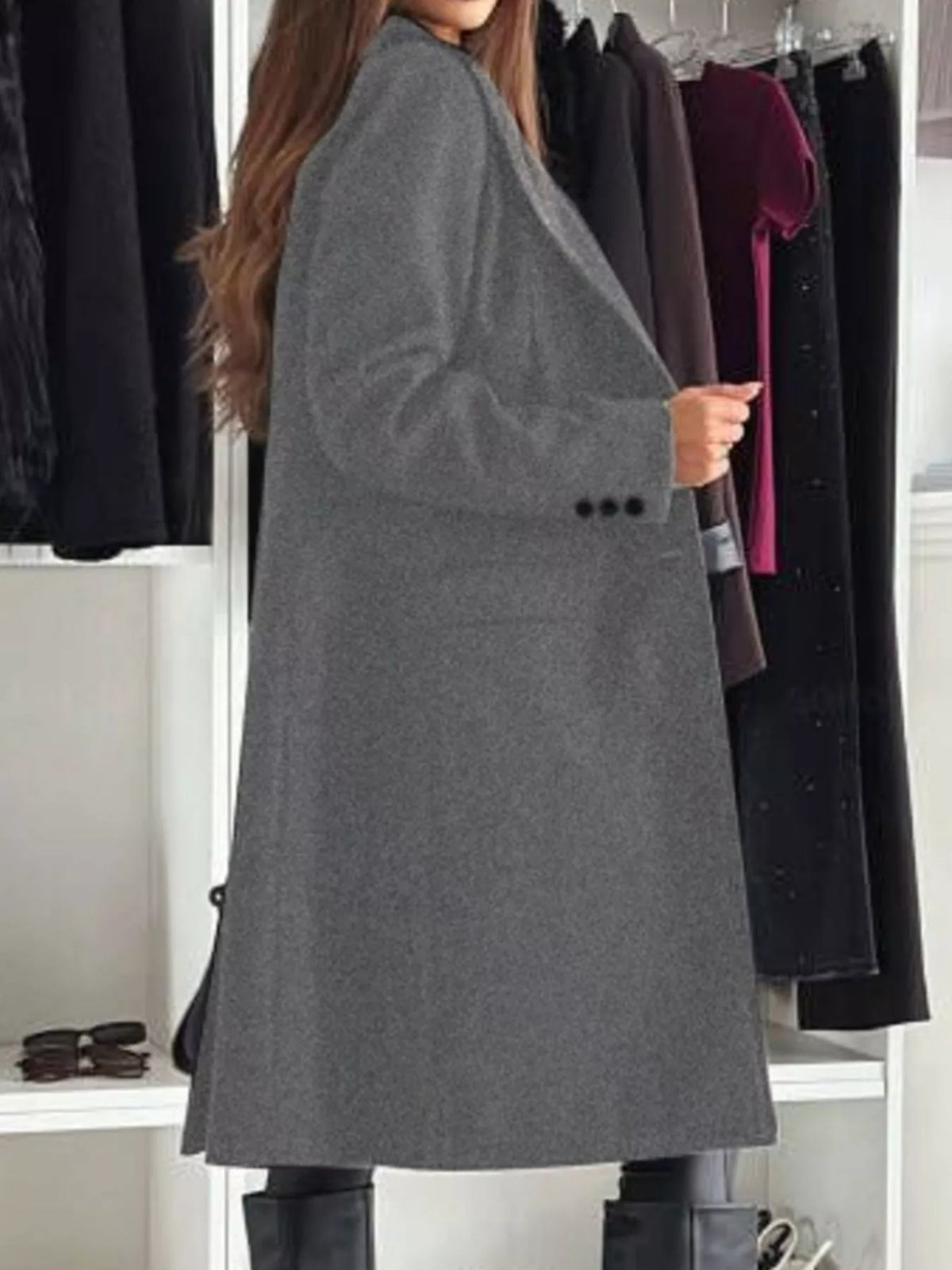 Women's Lapel Collar Long Sleeve Coat - Buttoned & Pocketed