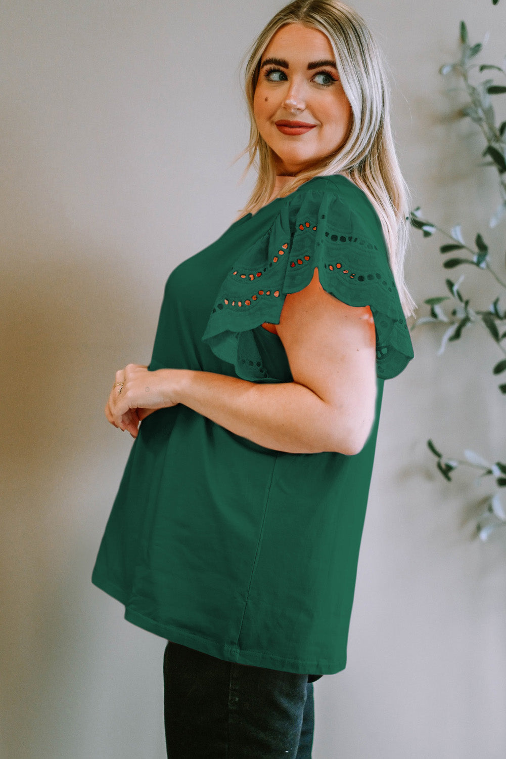 Plus Size Eyelet Round Neck Short Sleeve Blouse Trandify deal
