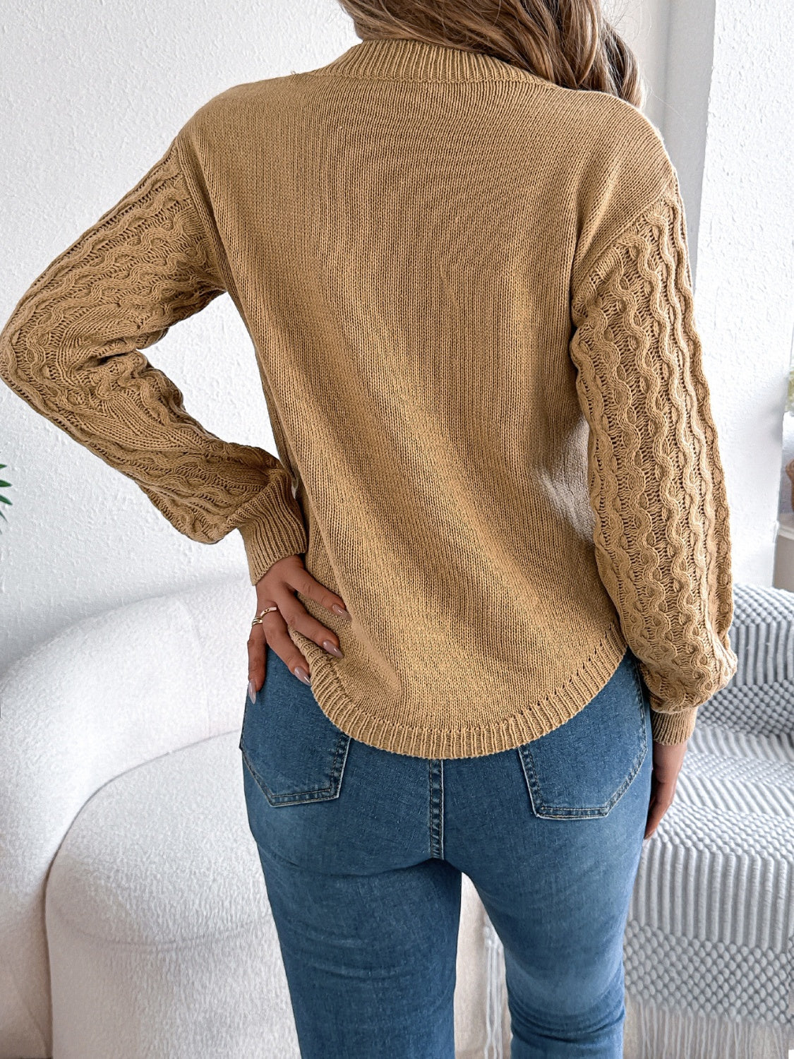Asymmetric Hem Round Neck Long Sleeve Sweater Trandify Deal