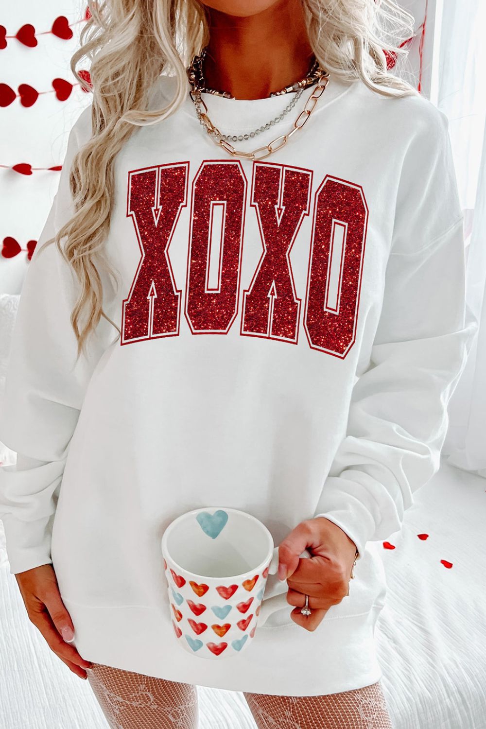 Valentine’s Day XOXO Glitter Round Neck Sweatshirt Trandify Deal