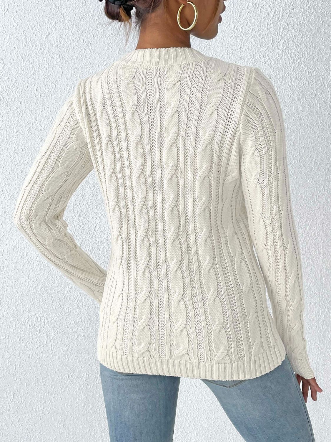 Cable-Knit Heart Round Neck Long Sleeve Sweater Trandify Deal