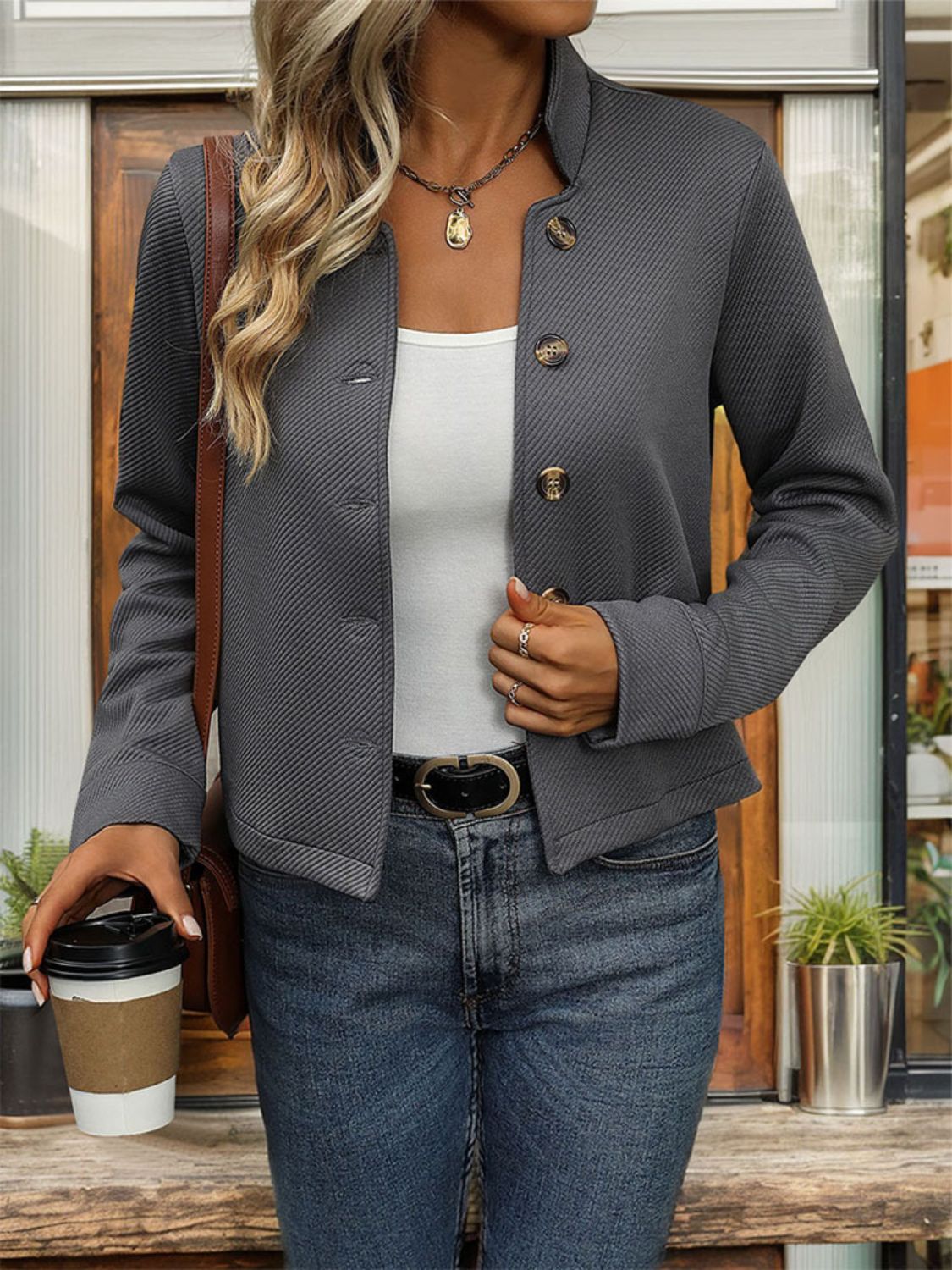 Perfee Textured Button Up Long Sleeve Jacket Trandify deal