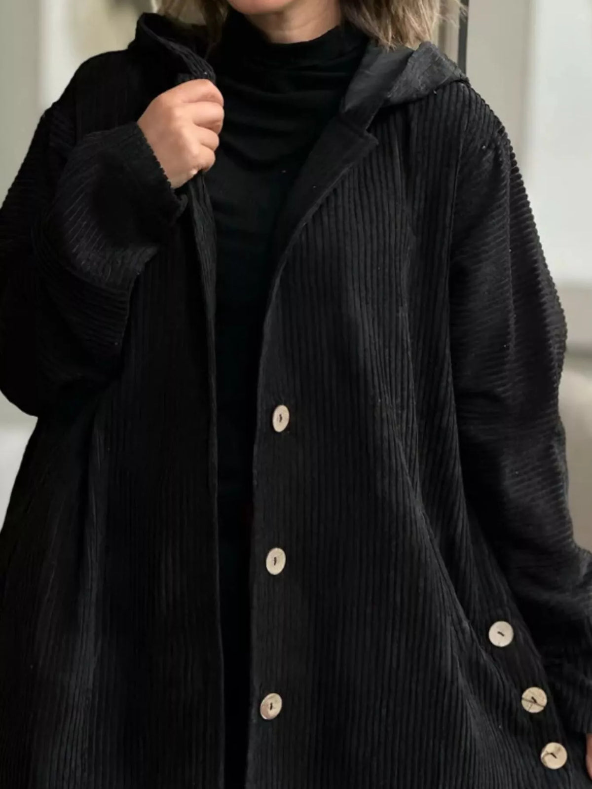 Plus Size Corduroy Shacket - Hooded Ribbed Jacket