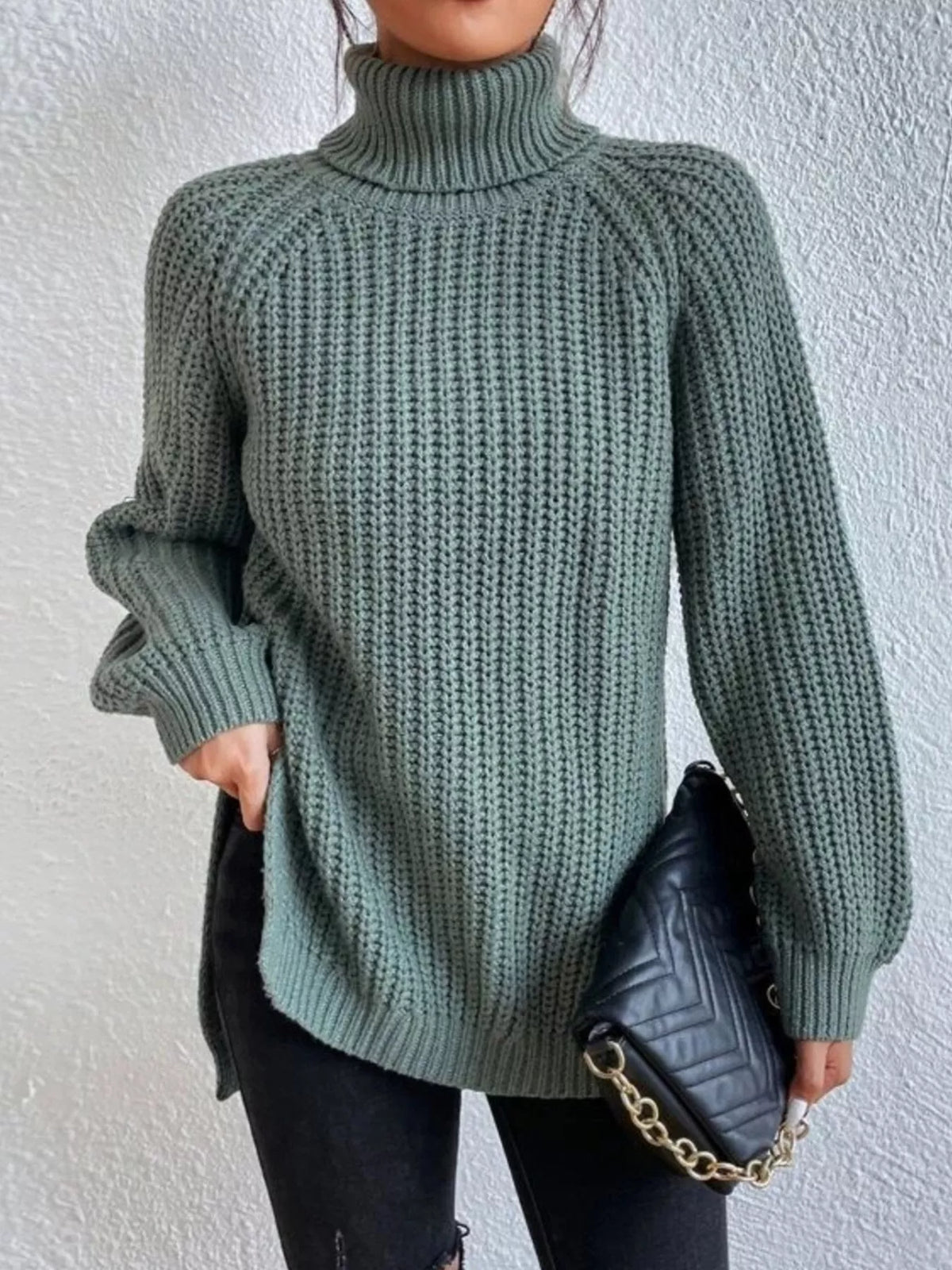 Plus Size Turtleneck Sweater - Ribbed Long Sleeve Top