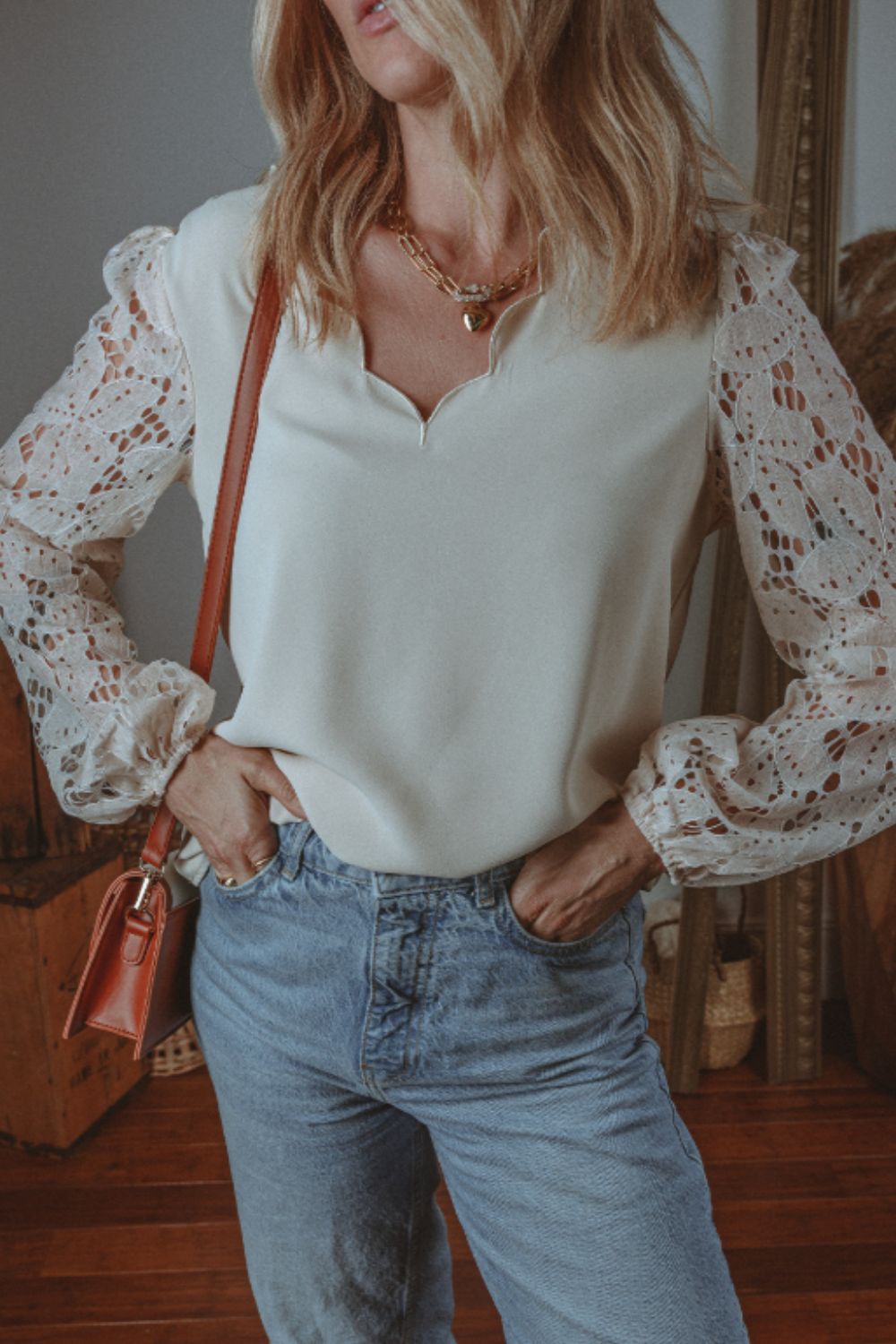 V Neck Lace Balloon Sleeve Blouse Trandify Deal