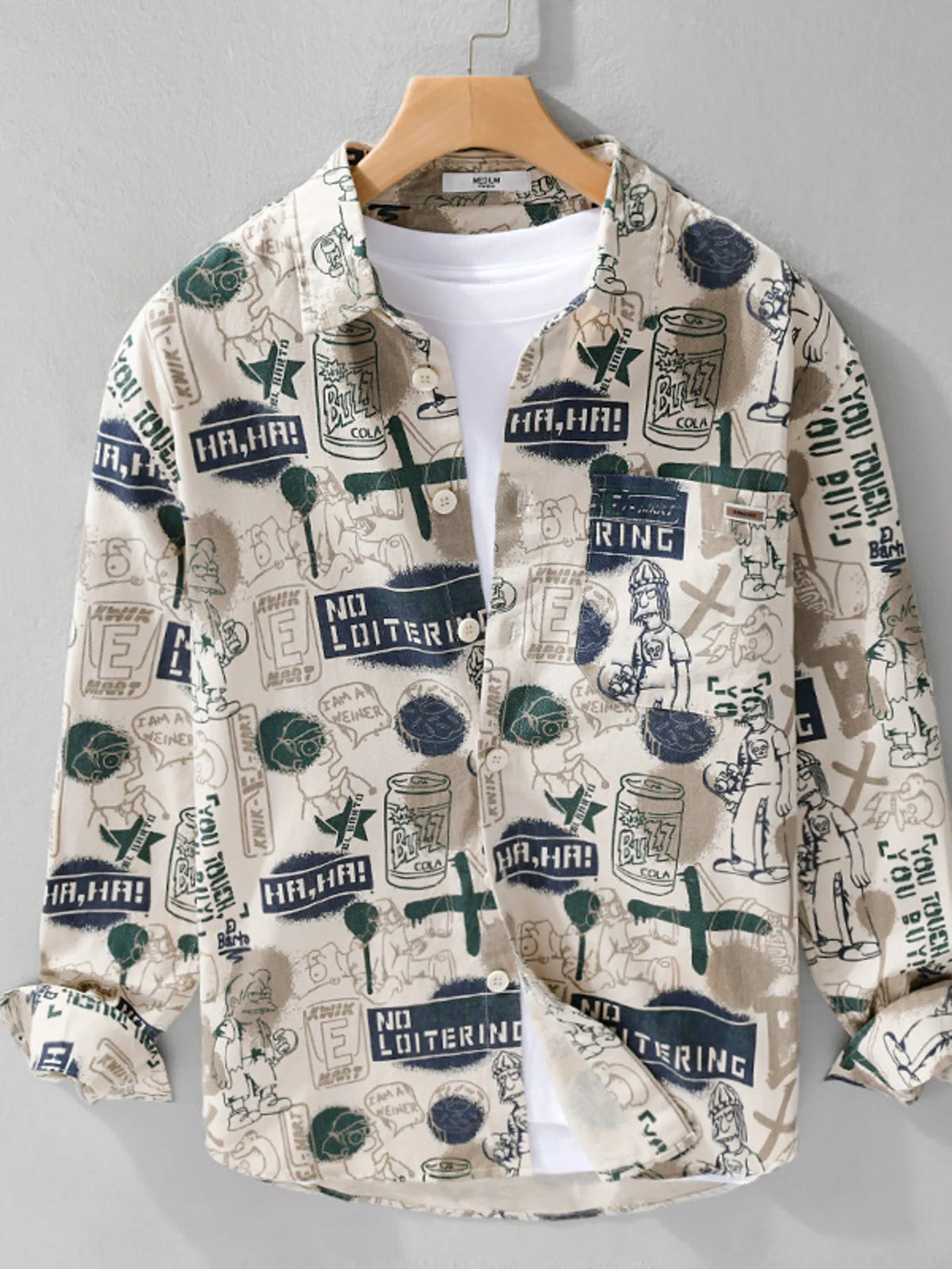 mens plus size printed button-up long sleeve cotton shirt