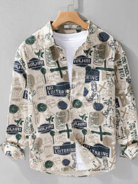 mens plus size printed button-up long sleeve cotton shirt