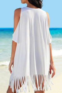 Fringe V-Neck Cold Shoulder Cover Up Trandify deal