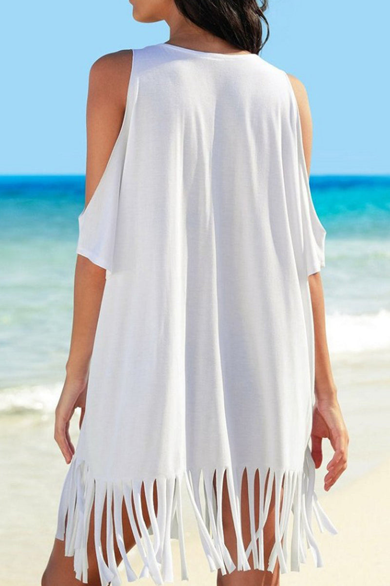 Fringe V-Neck Cold Shoulder Cover Up Trandify deal