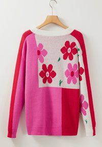 Flower Color Block Round Neck Sweater Trandify Deal