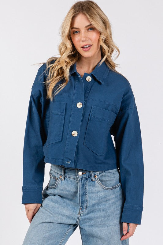 Bytos Button Down Cropped Denim Jacket with Patch Pockets - Stylish Light Wash Denim Jacket for Women, Perfect for Casual or Layered Office-to-Evening Outfits | TrandifyDeal