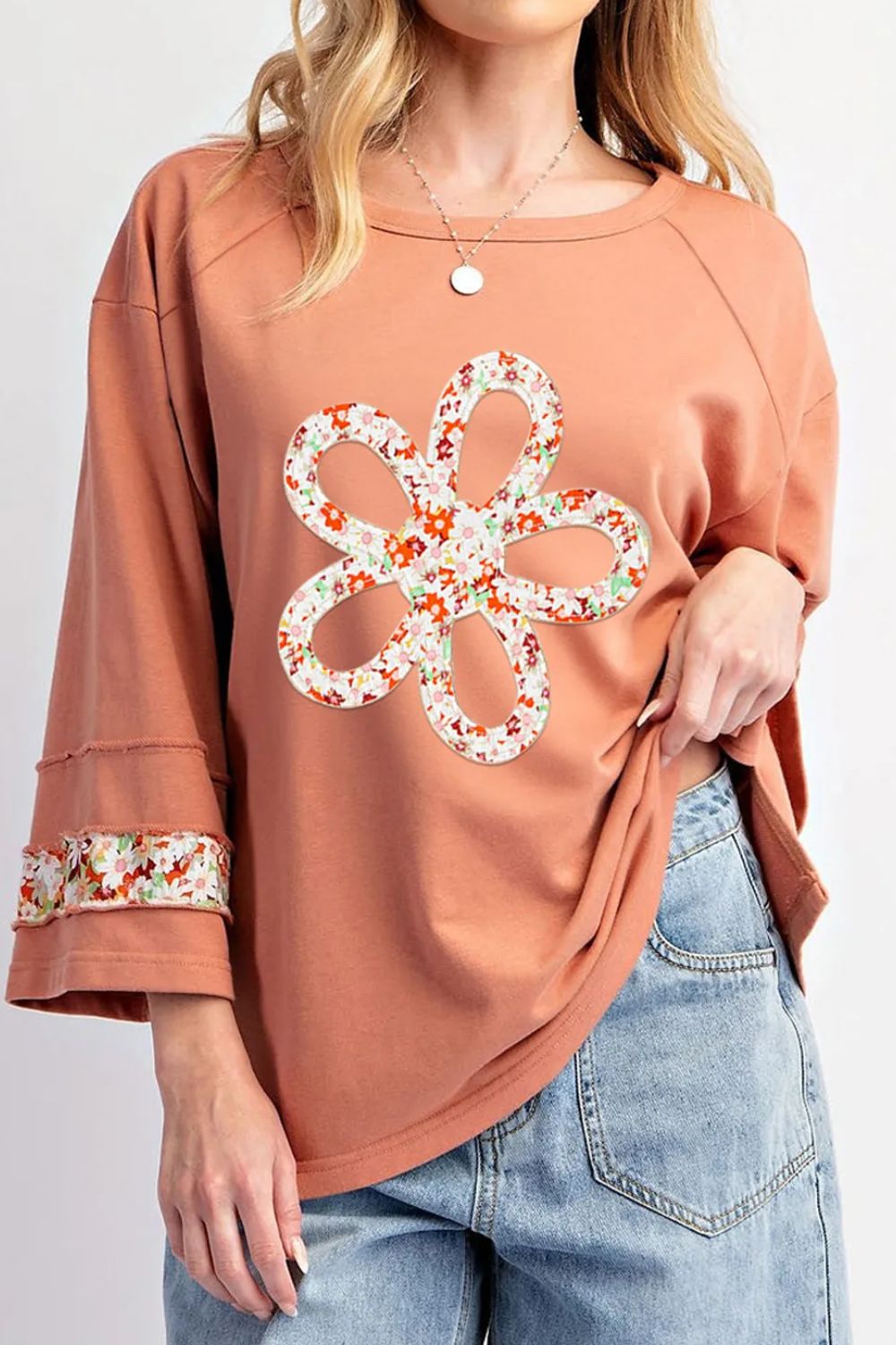 Exposed Seam Slit Floral Round Neck Blouse Trandify Deal