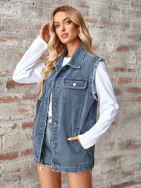 Raw Hem Sleeveless Button Up Denim Jacket Trandify deal