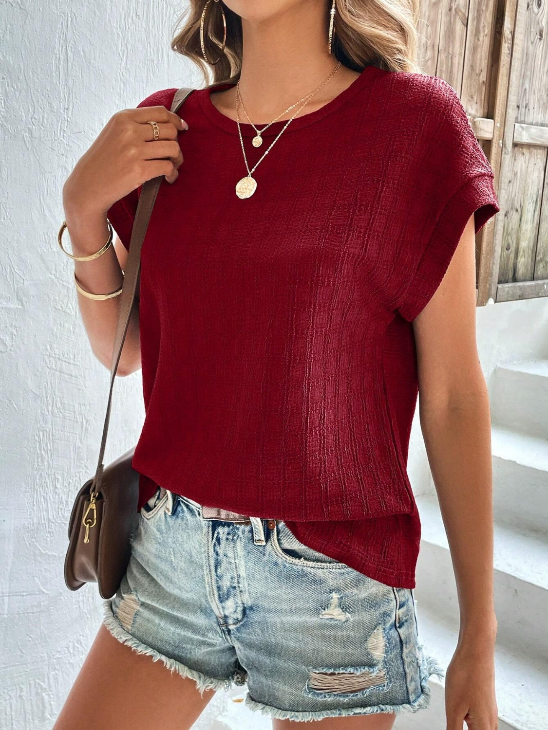Textured Round Neck Short Sleeve Top Trandify deal