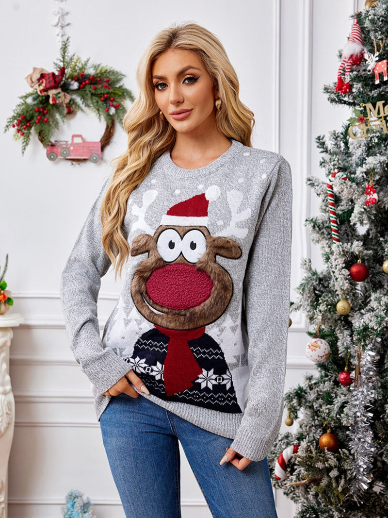 Reindeer Round Neck Long Sleeve Sweater Trandify Deal