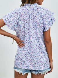 Ditsy Floral Mock Neck Flounce Sleeve Blouse Trandify deal