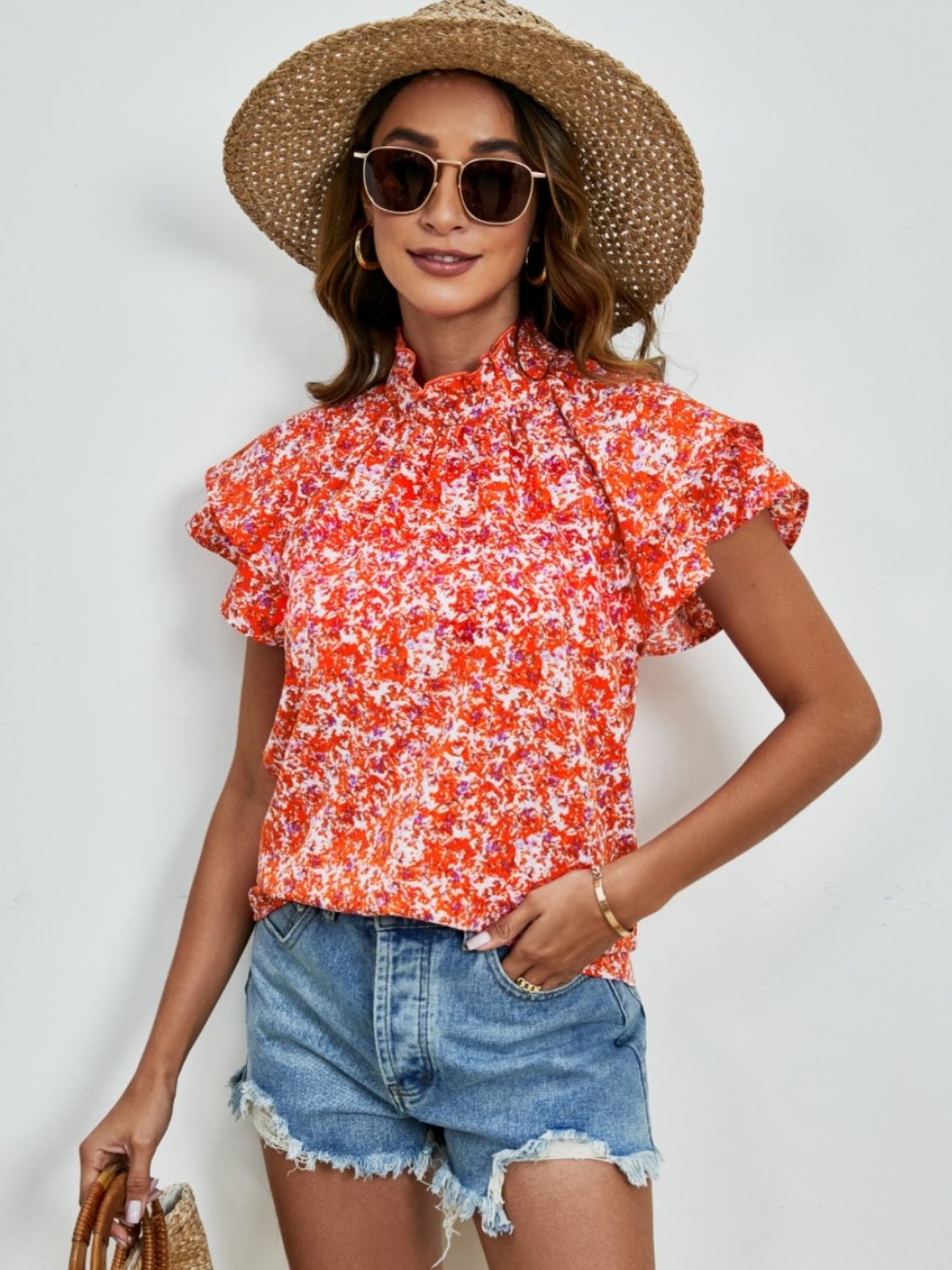 Ditsy Floral Mock Neck Flounce Sleeve Blouse Trandify deal