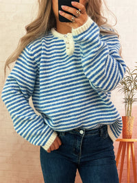 Women's Striped Button Sweater - Long Sleeve Knit Top