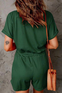 Full Size Drawstring V-Neck Short Sleeve Romper Trandify deal