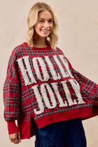 BiBi Women's Oversized Christmas Plaid Sweatshirt - Holly Jolly Holiday Party Top - Red Plaid Shirt
