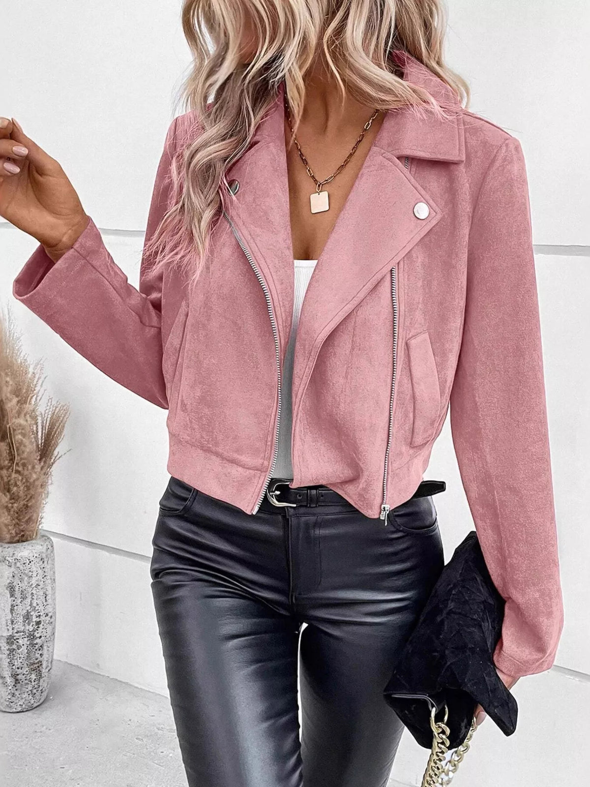 Women's Faux Leather Moto Jacket - Biker Style Zip Detail