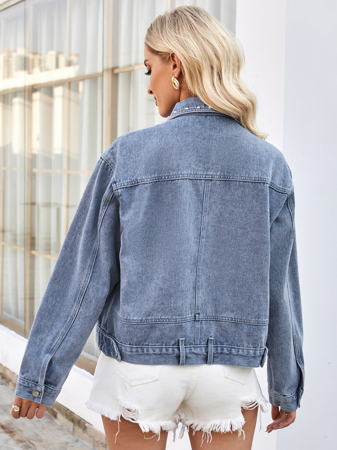 Studded Long Sleeve Denim Jacket Trandify deal