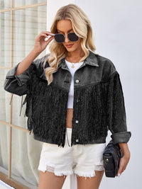Tassel Button Up Dropped Shoulder Denim Jacket Trandify deal