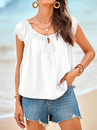 Women’s Tie-Front Smocked Blouse in white – Boho Chic Ruffled Sleeve Top for Summer