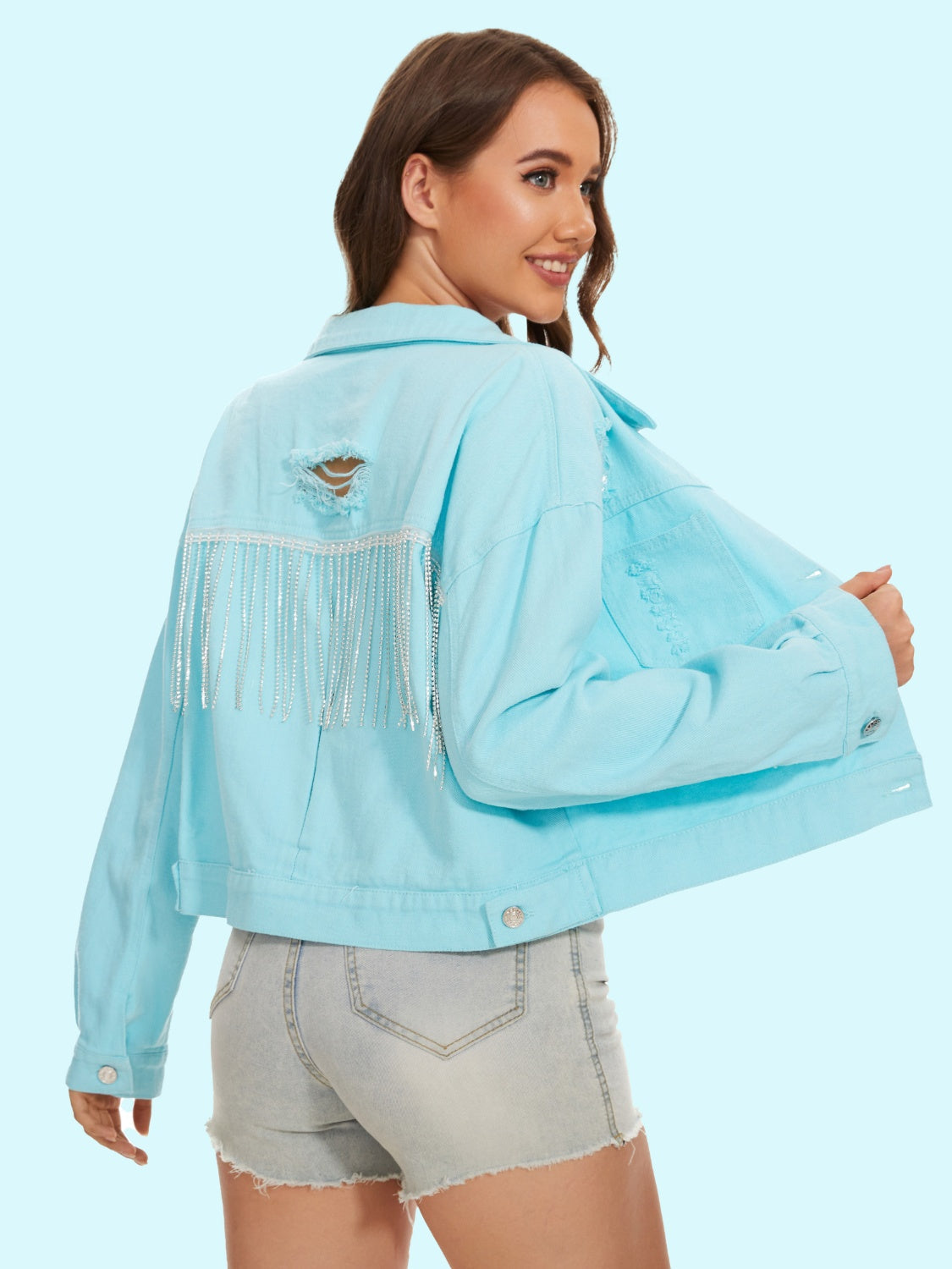 Distressed Distressed Button Up Denim Jacket Trandify deal