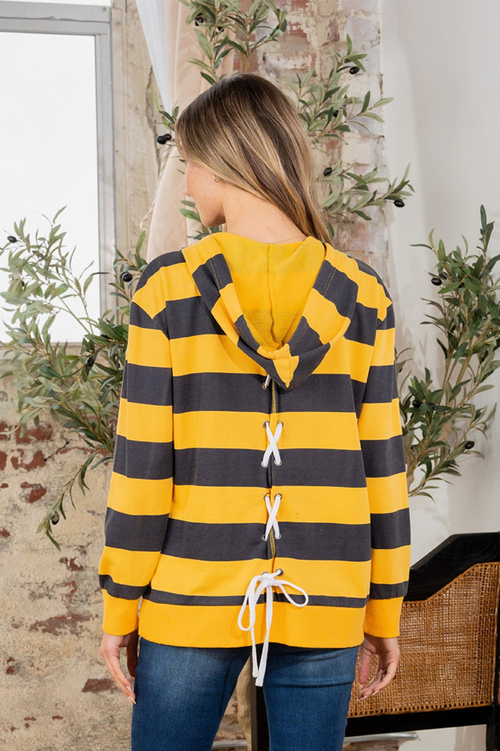 Full Size Drawstring Striped Long Sleeve Hoodie Trandify deal