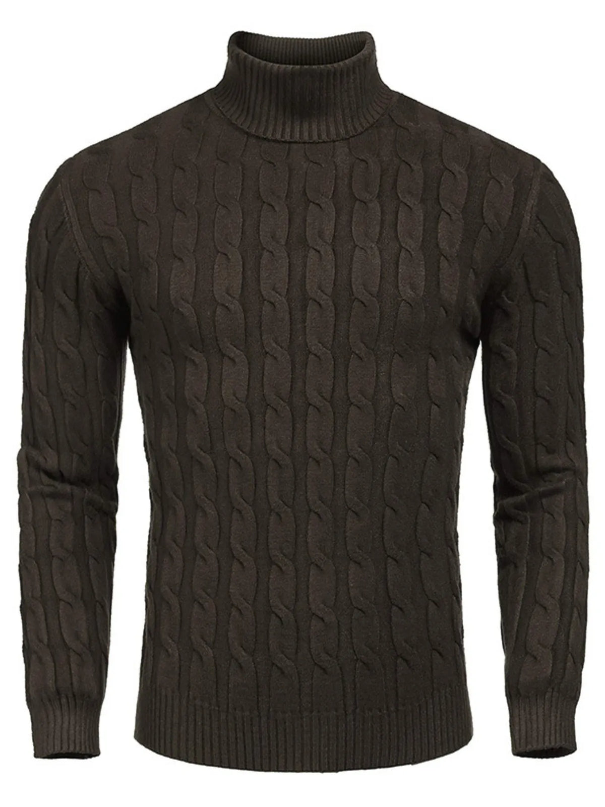 Men's Cable Knit Turtleneck Sweater worn by a model in Brown