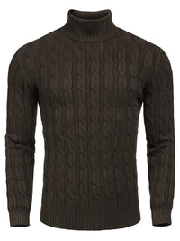 Men's Cable Knit Turtleneck Sweater worn by a model in Brown