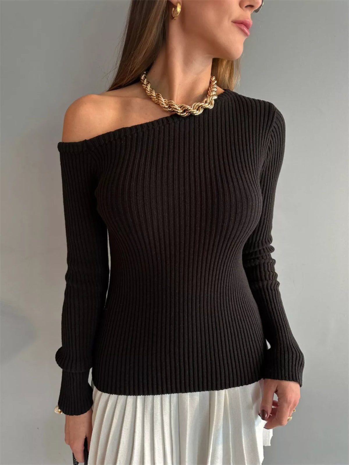 Women's Ribbed Single Shoulder Sweater | Trendy Pullover