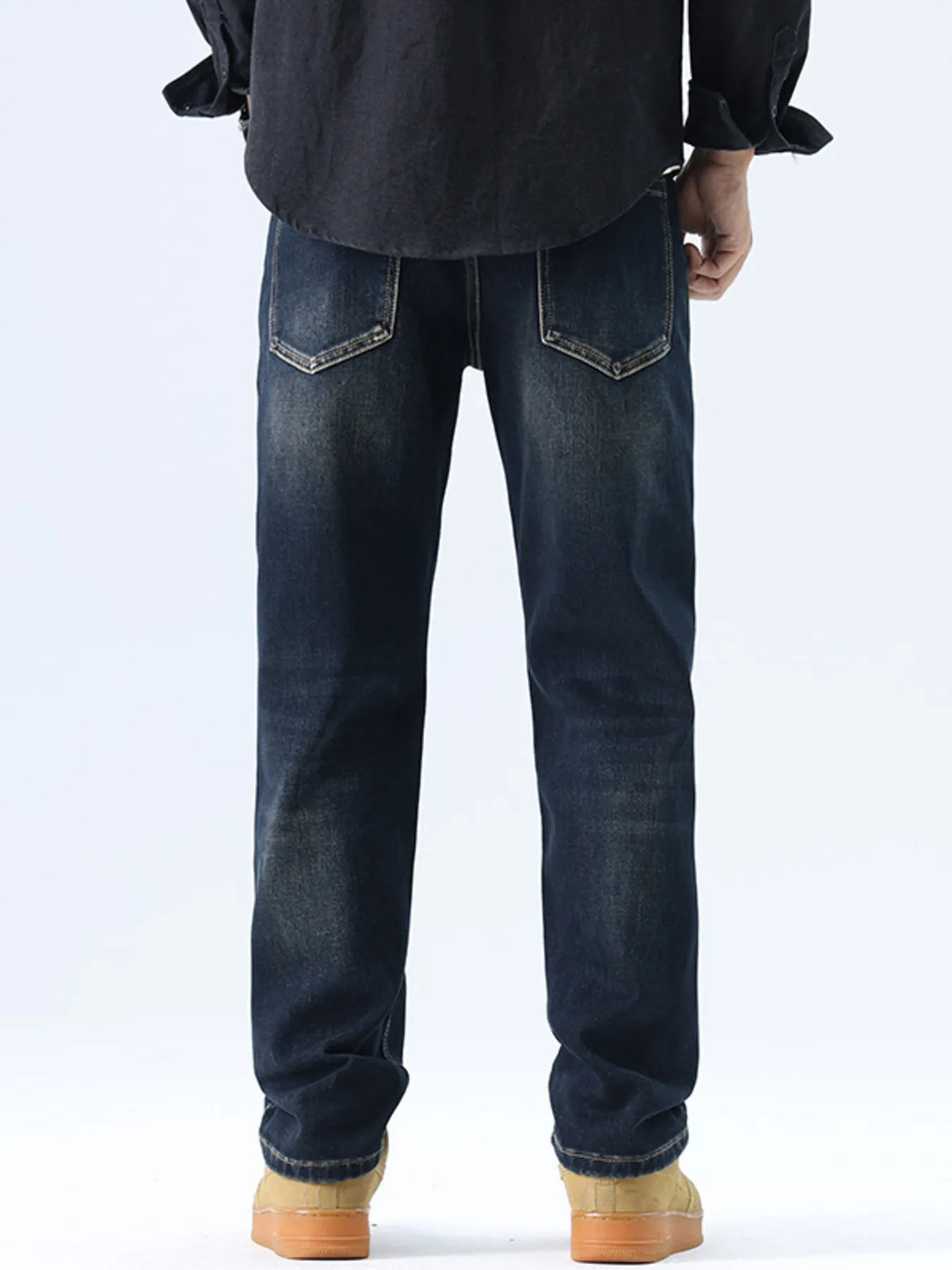 Men's washed blue straight leg jeans, regular fit, stretch denim