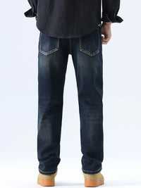 Men's washed blue straight leg jeans, regular fit, stretch denim