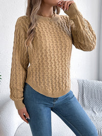 Asymmetric Hem Round Neck Long Sleeve Sweater Trandify Deal