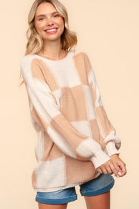 Haptics Full Size Checkered Round Neck Drop Shoulder Sweater Trandify Deal