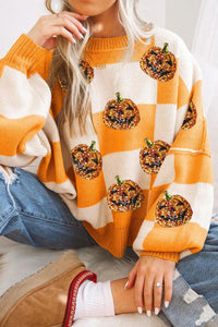 Pumpkin Checkered Round Neck Long Sleeve Sweater Trandify Deal