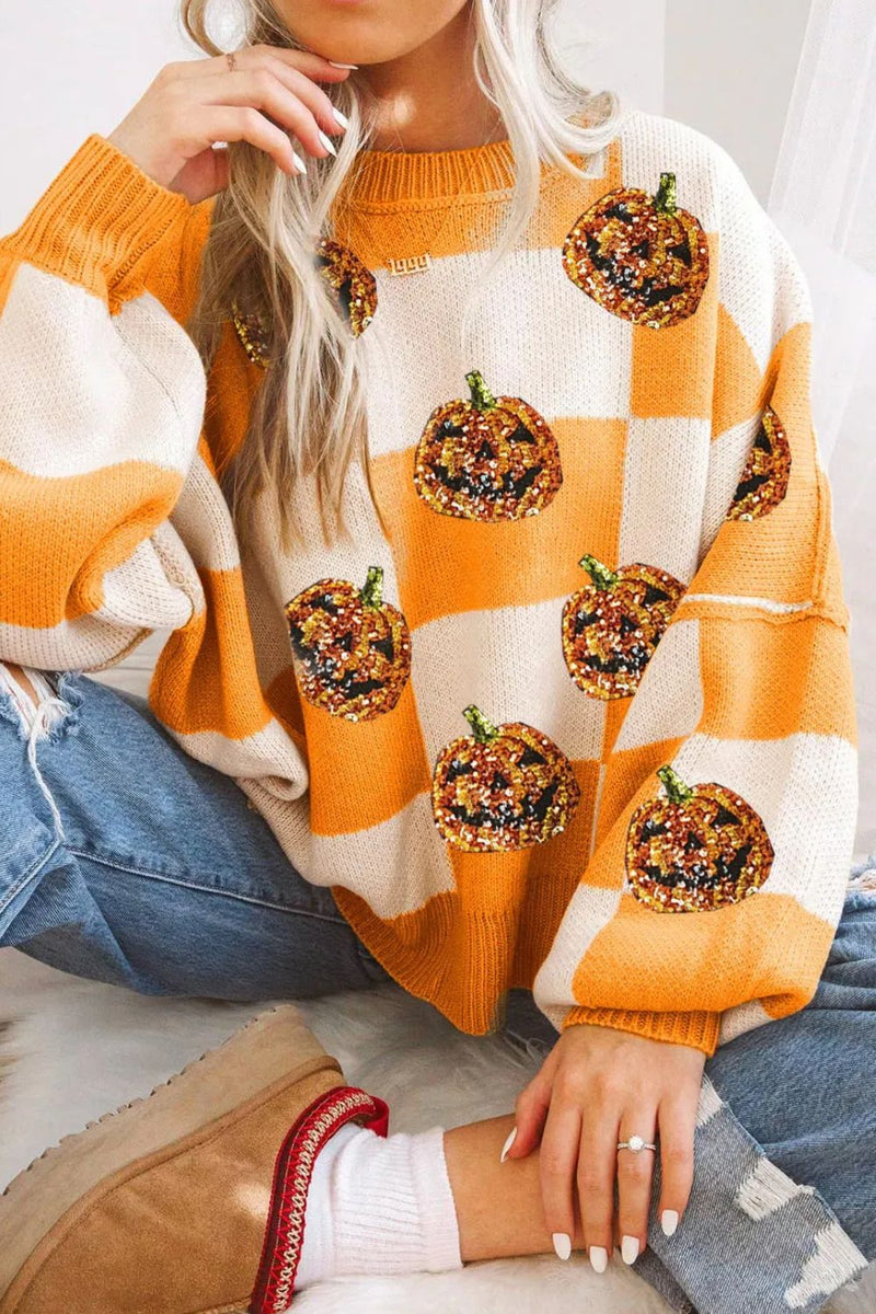 Pumpkin Checkered Round Neck Long Sleeve Sweater Trandify Deal