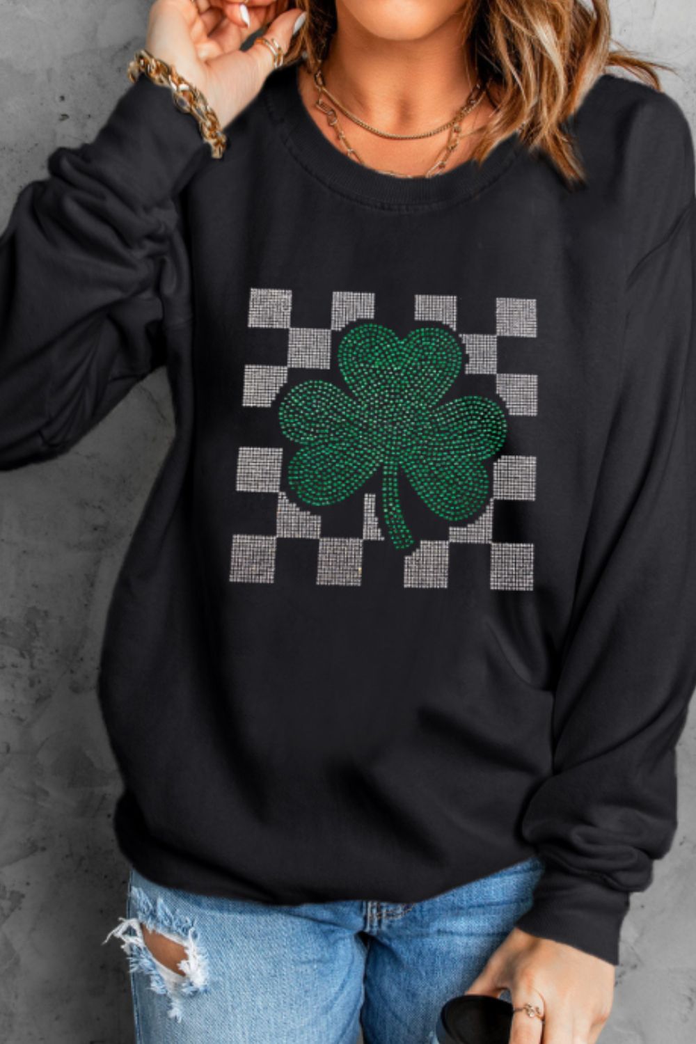 Rhinestone Checkered Lucky Clover Round Neck Sweatshirt Trandify Deal