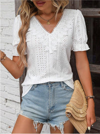 Eyelet Lace Detail V-Neck Flounce Sleeve Blouse Trandify deal