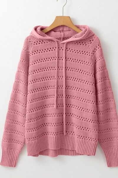 Women's lacy openwork knit hoodie with drawstring hood long sleeve sweater casual boho chic top for fall layering