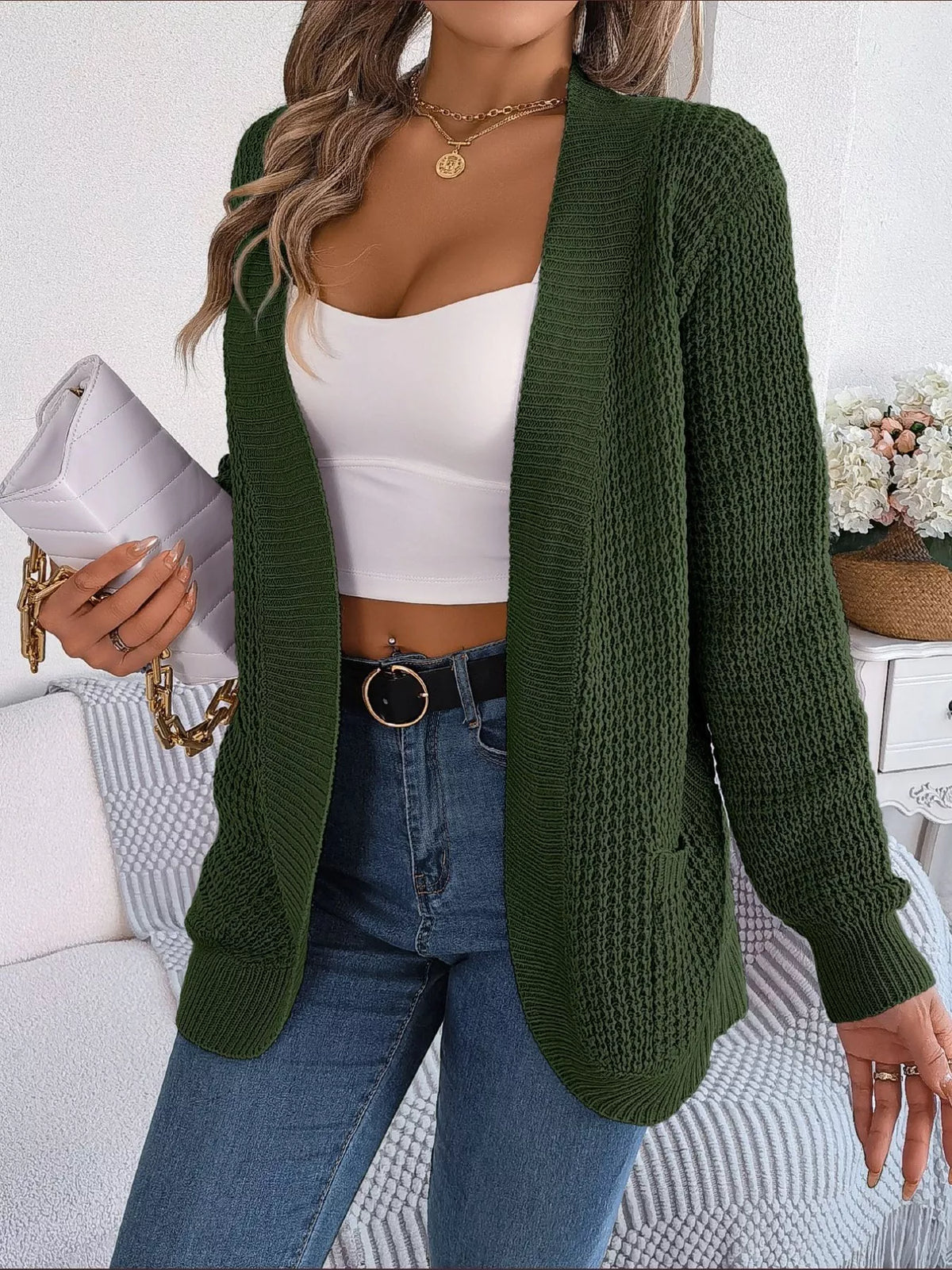 Chunky Knit Cardigan with Pockets - Open Front Women's Sweater