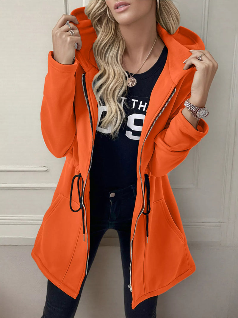 Women's lightweight zip up hoodie jacket in Orange with front pockets.