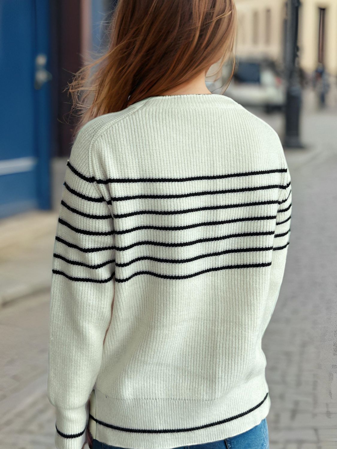 Striped Round Neck Long Sleeve Sweater Trandify Deal